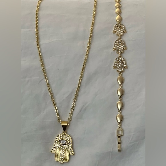 14k Gold Hamsa Third Eye Necklace Bracelet Jewelry Set Hand of Fatima Gift Sets - Picture 5 of 9